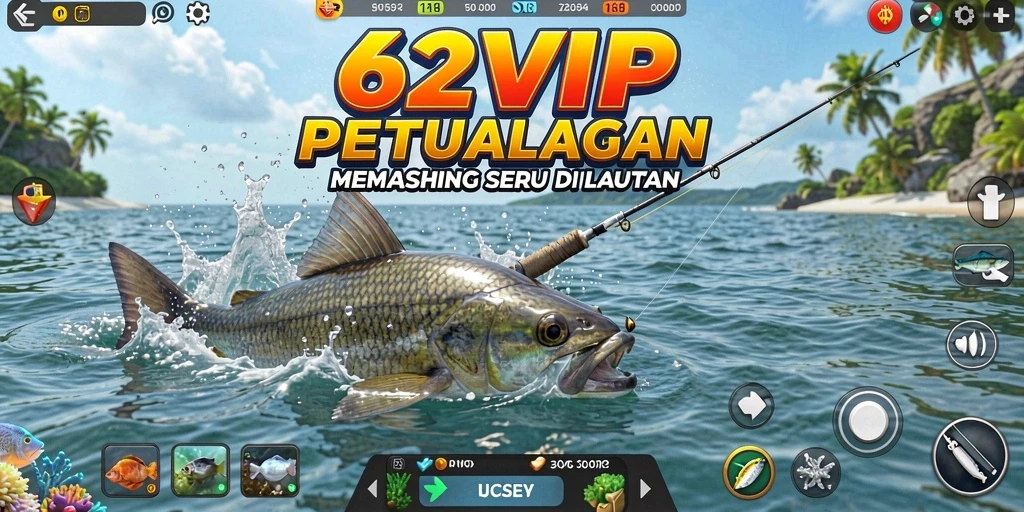 Screenshot gameplay 62VIP menampilkan keseruan memancing di lautan.