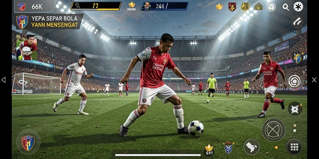 Tampilan utama gameplay 66K dengan aksi sepak bola seru.