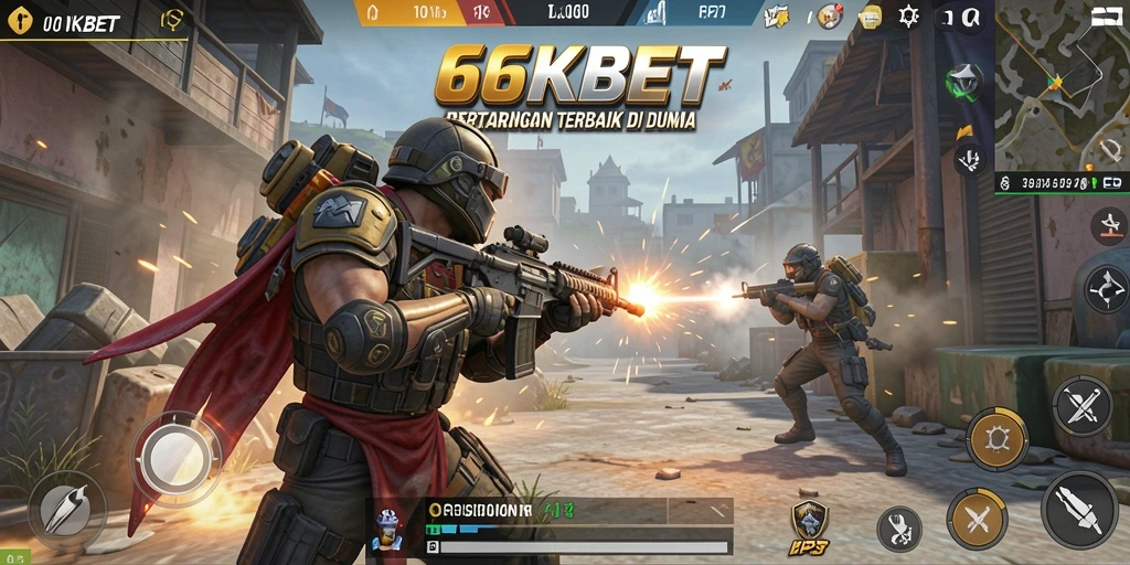 Tangkapan layar gameplay 66KBET yang intens dan menegangkan di medan perang.