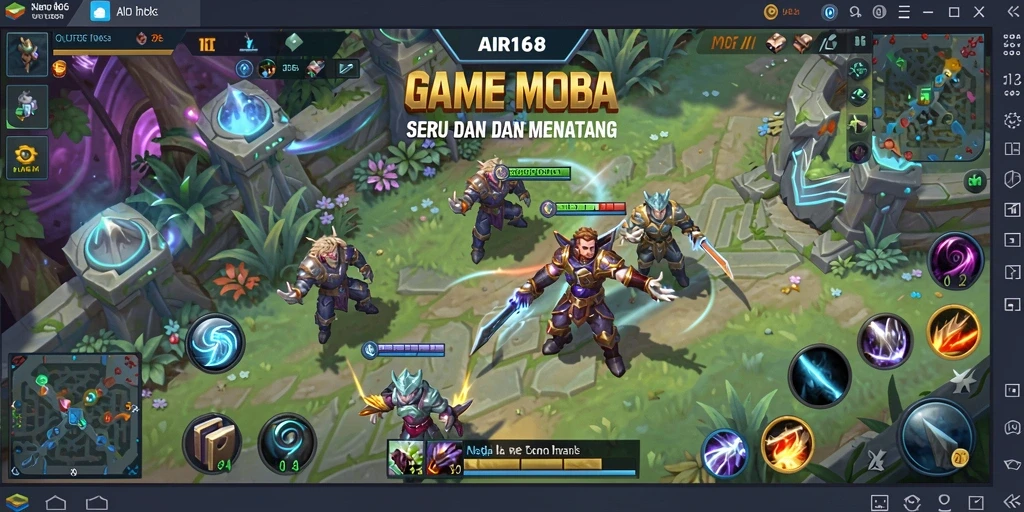 Tangkapan layar utama gameplay AIR168 dengan pertarungan seru di arena MOBA.