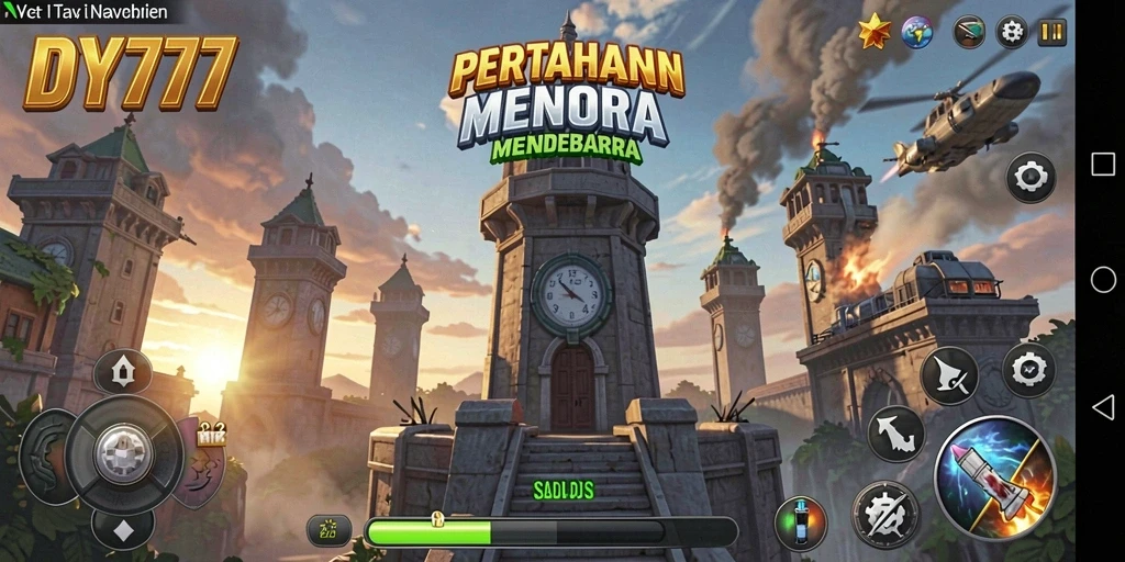 Tampilan gameplay menara pertahanan DY777 yang menarik dan strategis.