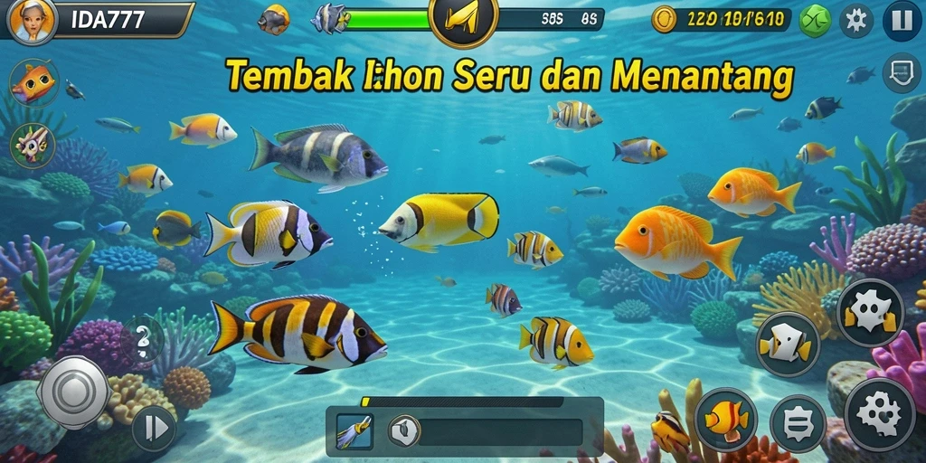 Tampilan gameplay seru Tembak Ikan dengan warna-warna cerah.
