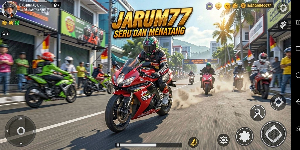 Screenshot gameplay JARUM77 dengan aksi balapan motor yang intens.