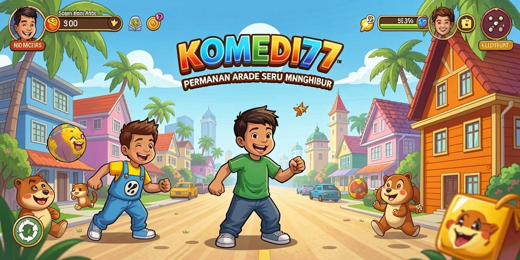 Tampilan gameplay seru dari KOMEDI77 di level yang penuh warna.