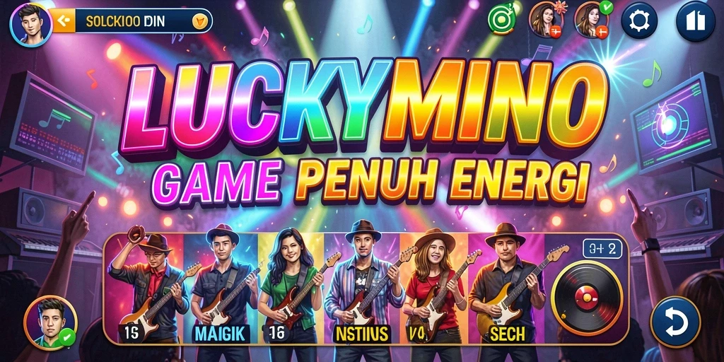 Tampilan gameplay <strong>LUCKYMINO</strong> yang penuh warna dan dinamis saat pemain menikmati musik.
