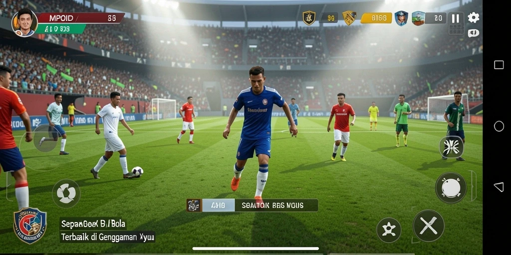 Tampilan gameplay MPOID dengan aksi sepak bola yang mendebarkan di lapangan.