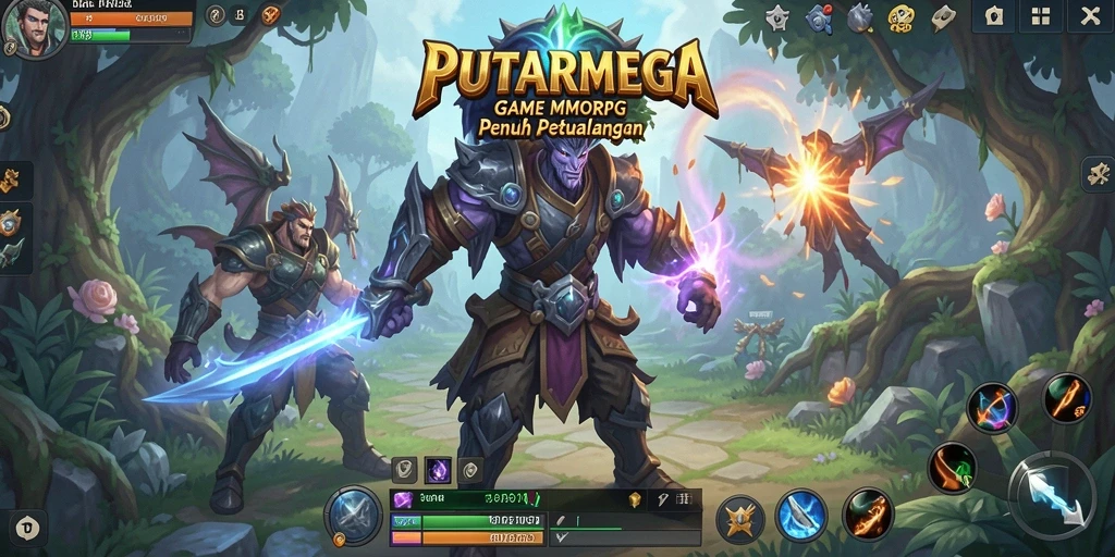 Gameplay PUTARMEGA menampilkan pertarungan dan petualangan di dunia fantastis.