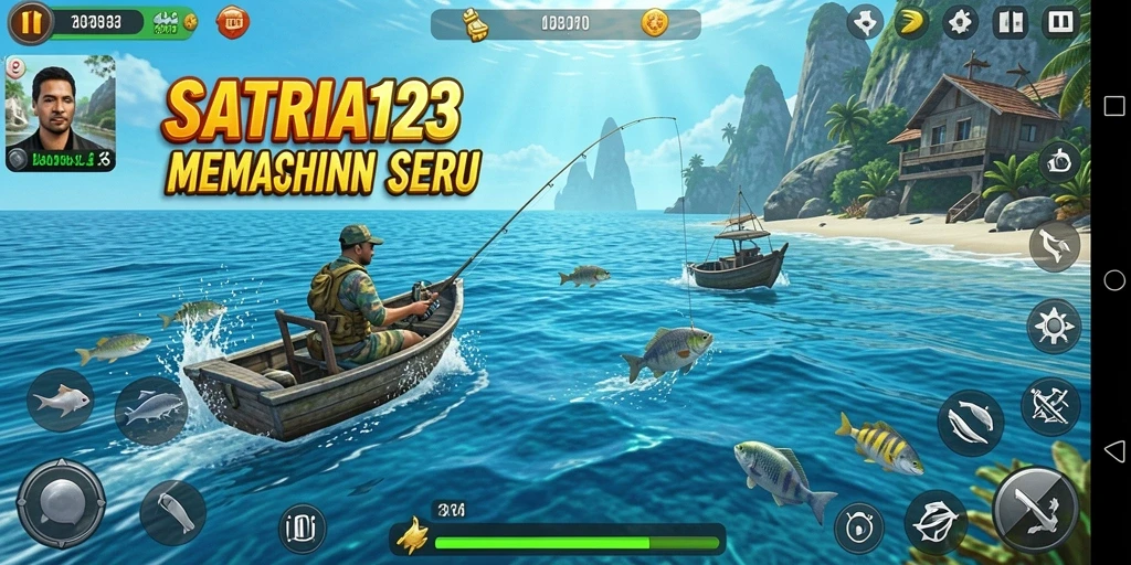 Screenshot SATRIA123 menampilkan pemain menangkap ikan di lautan yang memukau.