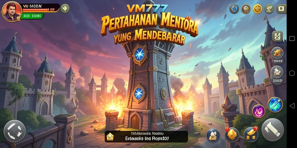 Screenshot gameplay VM777 menampilkan pertarungan menara yang menegangkan.