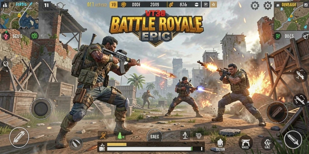 Screenshot gameplay VT38 menampilkan pertempuran seru di medan perang Battle Royale.