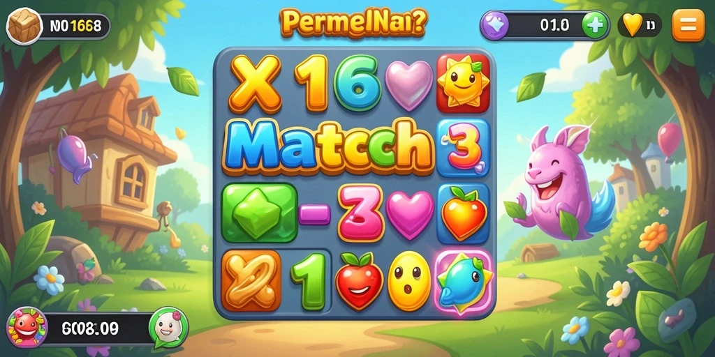 Screenshot utama X168 menunjukkan gameplay Match-3 yang mengasyikkan.