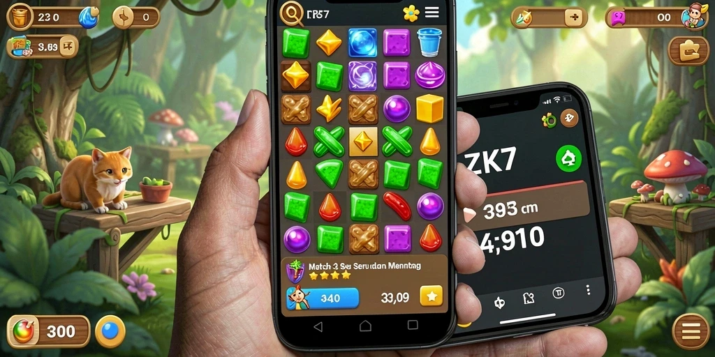 Tampilan gameplay seru Match-3 ZK7 dengan grafis menawan.